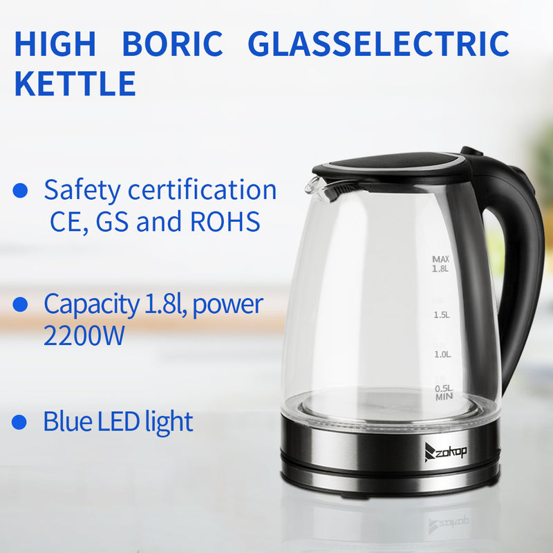 Electric Glass Kettle UK Plug Blue LED Light See Through (1.8L) HD-1857-A 220V 20000W